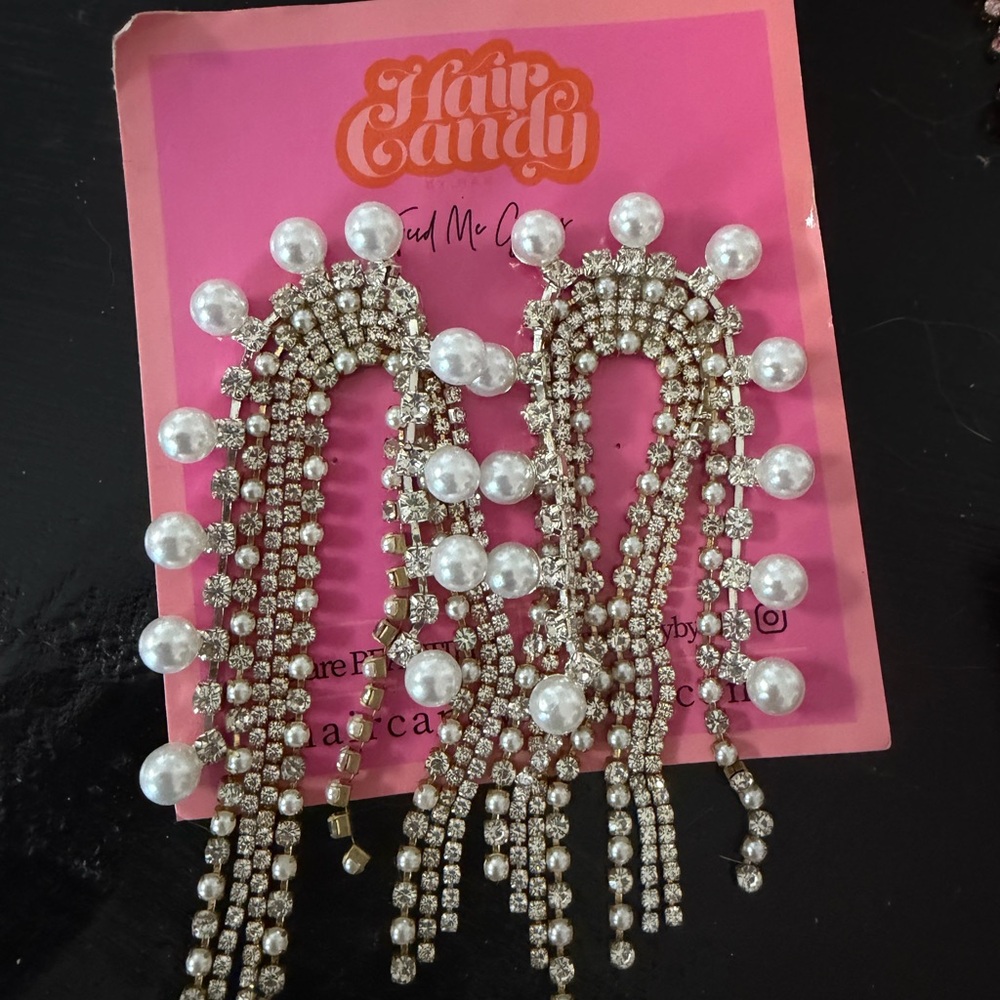 FEED ME GEMS Hair Candy by Han Pearl & Rhinestone Fringe Drop Earrings